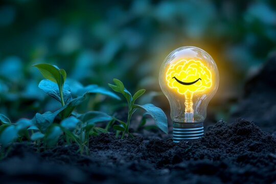 Glowing bulb, brain shape, smiling, planted, soil.
