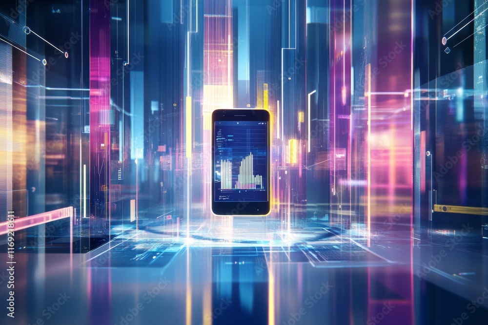 Poster futuristic cityscape with smartphone displaying data