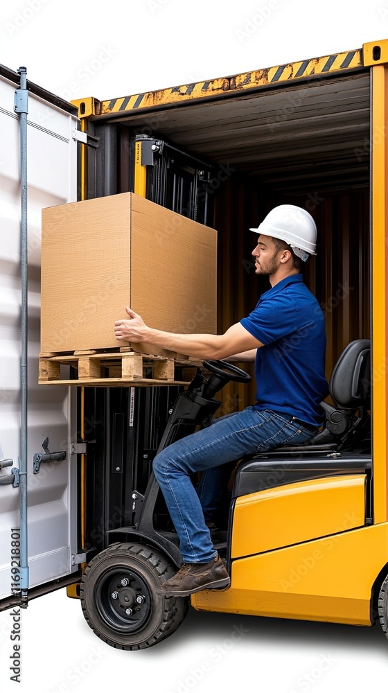 Poster man in a safety helmet operates a forklift to unload cargo from a shipping container at a warehouse 