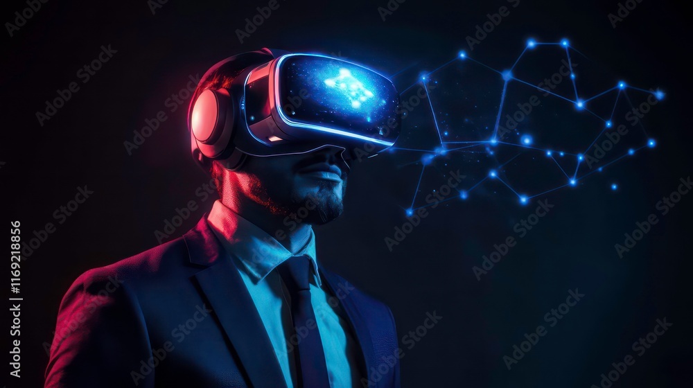Poster businessman using virtual metaverse and future digital technology , virtual global internet connecti