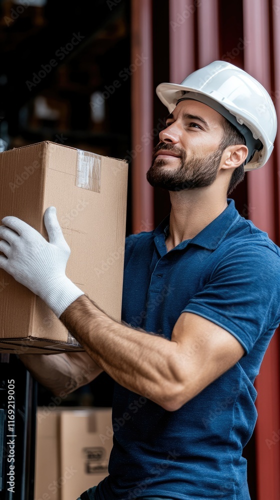 Poster man in a safety helmet operates a forklift to unload cargo from a shipping container at a warehouse 
