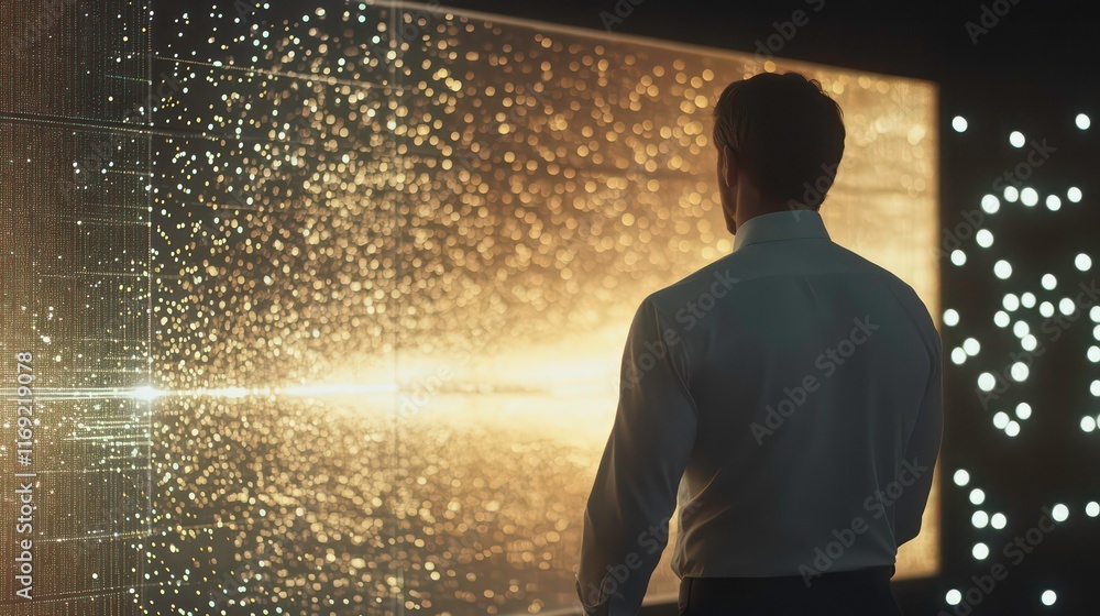 Poster businessman working on ai-driven data on a digital screen, visualizing big data, analytics, and inno