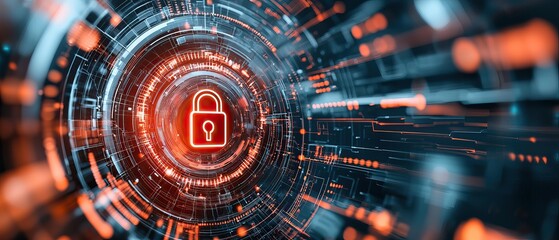 Obraz premium A futuristic digital lock symbol amidst a swirling vortex of data, representing cybersecurity and data protection.