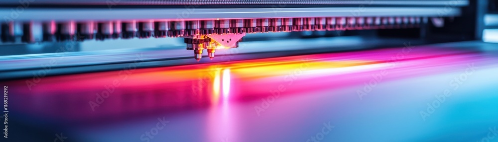 Poster a close-up view of a printing machine with vibrant colors, showcasing the printing process in action