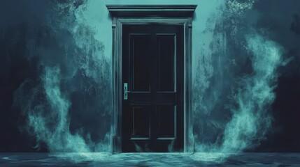 Dark Doorway Mysterious Teal Mist Enveloped Room