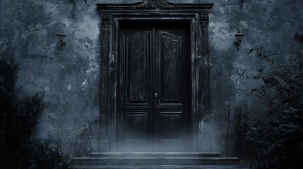 Dark Old Wooden Doorway Enveloped In Mist