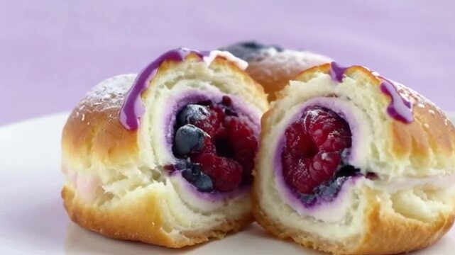 Berry fusion cronut separating blueberry and raspberry fillings with purple glaze, pastel lavender backdrop, offering fruity richness and softness