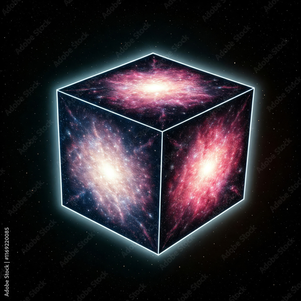 Poster cosmic cube in space with vibrant galaxy nebulas on black background for design projects