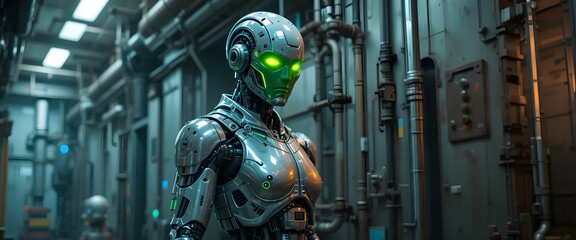 Fototapeta premium Cyberpunk Female Robot in Industrial Setting: Glowing Green Eyes, Metallic Body