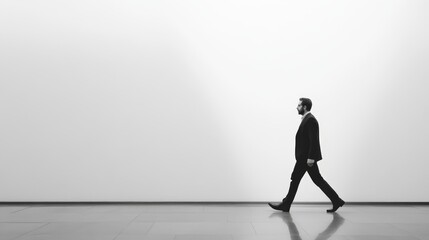A solitary man in a suit walks against a minimalist backdrop, conveying purpose and isolation.