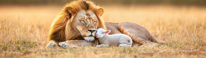 Fototapeta premium A tender moment between a lion and a baby animal, showcasing a unique bond in a serene, golden grassland setting.