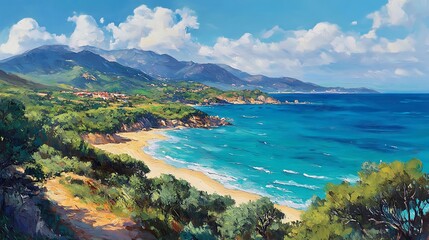 Coastal Village Scene With Mountains And Ocean View