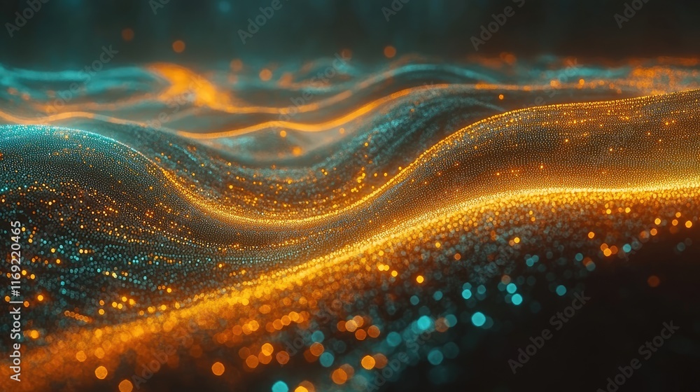 Poster abstract shimmering golden and teal particles form a dynamic wave pattern. ideal for luxury brand vi
