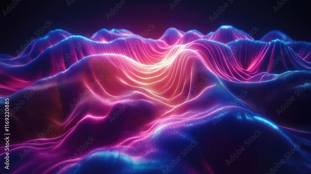 Poster a vibrant, undulating landscape of particles. ideal for abstract backgrounds, visualizations, or dyn