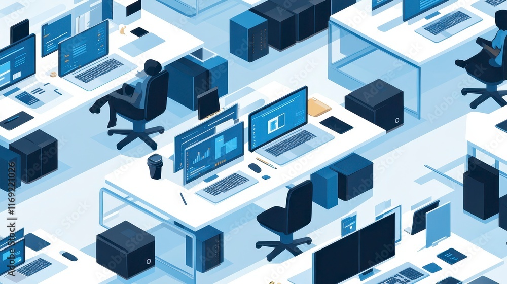Poster modern office workspace isometric view of coworkers at desks with computers and technology