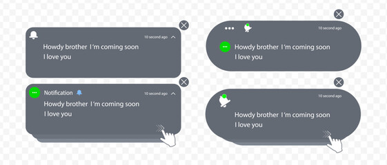 Notification screen UI. Push notification. SMS notification on the screen of the smartphone. Sms popup. Message exchange. Private messages


