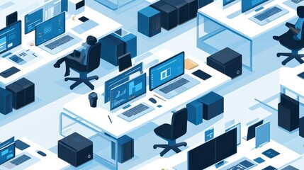 Modern Office Workspace Isometric View of Coworkers at Desks with Computers and Technology