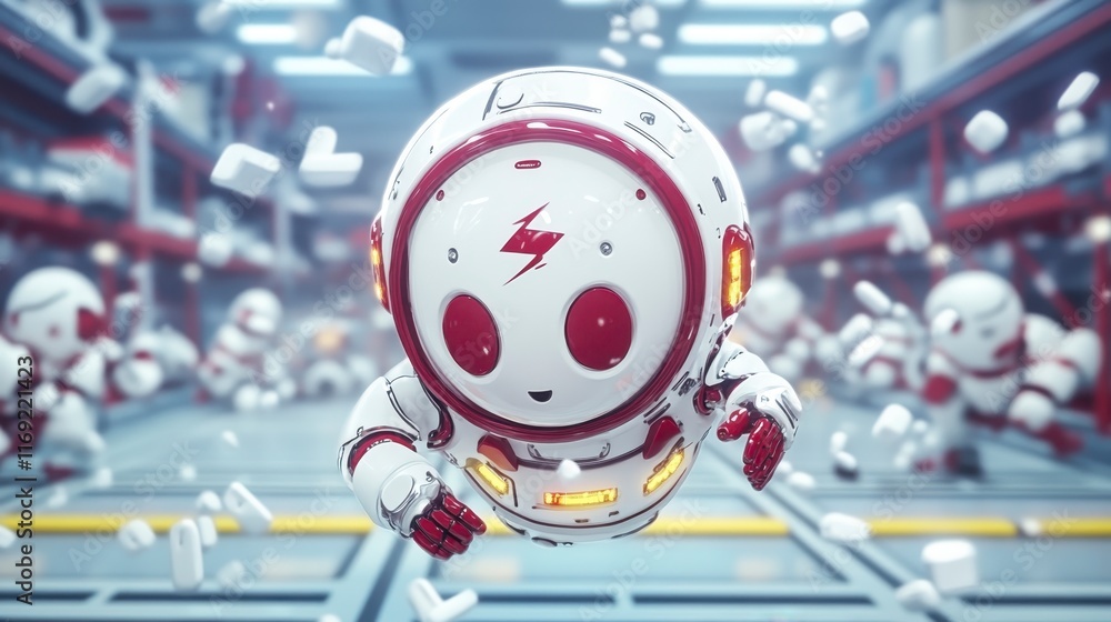 Poster adorable red and white robot floating in futuristic factory setting