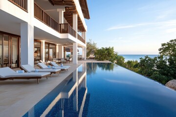 Fototapeta premium This stunning multi-level villa features a luxurious infinity pool that overlooks a pristine beach, perfectly blending modern architecture with natural beauty for a serene getaway.