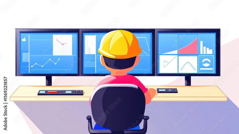 Poster industrial worker monitoring data on triple monitor setup control room engineering charts graphs