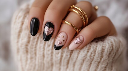 Elegant nail art with heart designs on a womans hand showcasing creativity and style