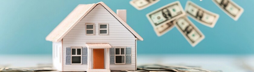 A small house model with floating dollar bills above it symbolizes real estate investment and financial growth.