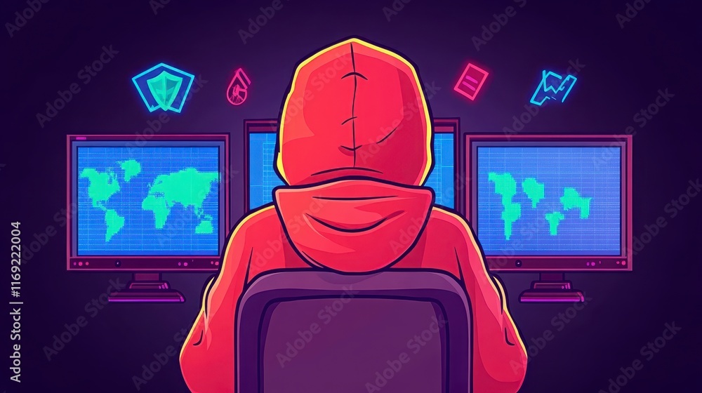 Poster anonymous hacker monitoring global network security on multiple screens