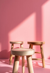 Two wooden stools against a pink background