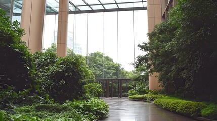 Lush Greenery and Modern Architecture Tranquil Indoor Garden Oasis