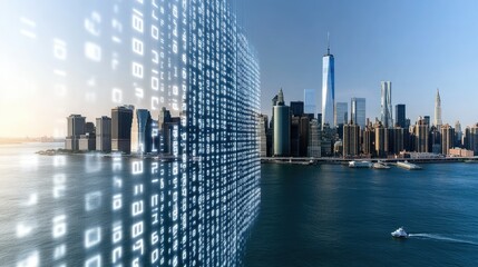 View of New York's skyline featuring digital graphs and data overlays illustrating global connectivity and vibrant business exchange