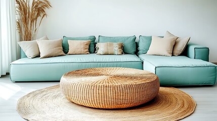 Modern Living Room Interior Design with Light Teal Sofa