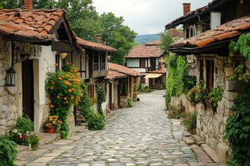 Obraz premium Charming cobblestone street lined with flowers in a picturesque village during daylight