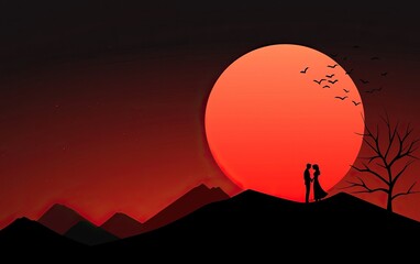 Naklejka premium A romantic silhouette of a couple against a vibrant sunset, with mountains in the background and birds flying across the glowing red sun.