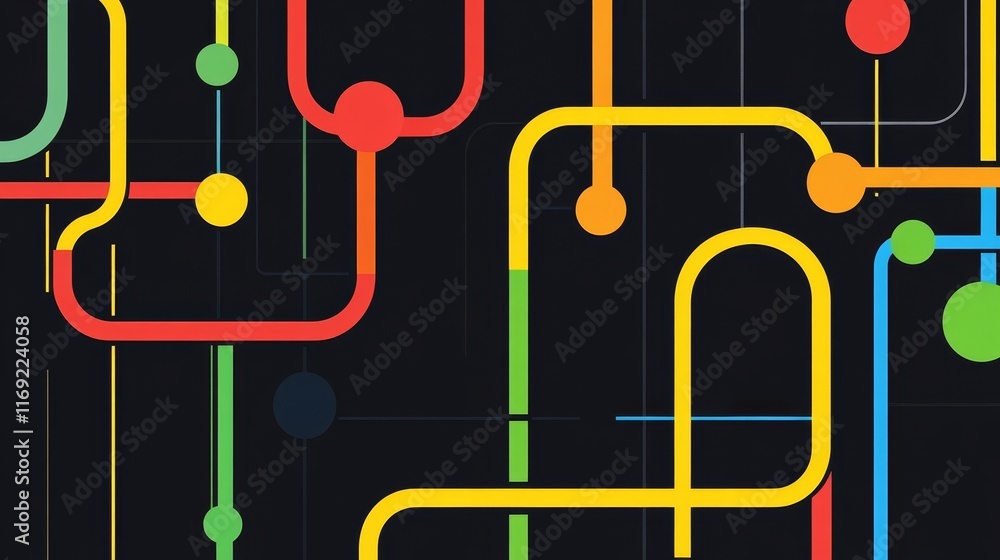 Poster abstract design featuring colorful, interconnected lines and circles on a dark background.