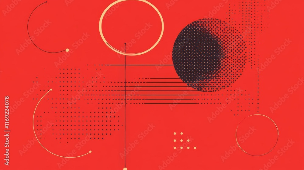 Poster abstract geometric design featuring circles and patterns on a vibrant red background.