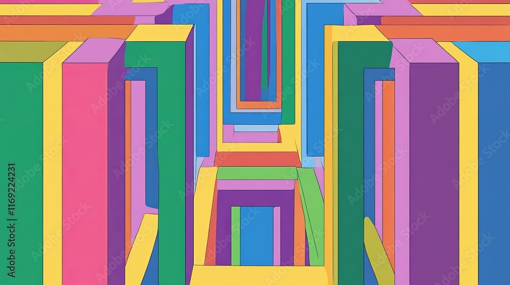 Poster a colorful abstract maze of layered geometric shapes creating a vibrant visual experience.
