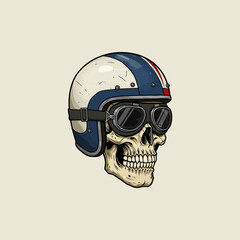 A stylized illustration depicts a skull wearing a vintage motorcycle helmet and goggles.