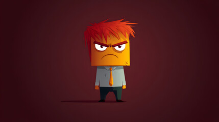 3d A simple illustration of an angry red character with yellow hair, wearing a shirt and tie with copy space