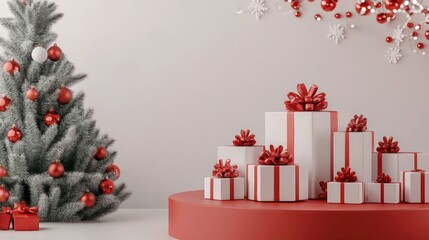 Christmas Stage Background Podium in 3D for Product Sale, Featuring Winter Display and New Year Banner. White and Red Holiday Stand, Minimal Studio Render Scene for Happy Presents