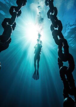 Un plongeur flottant dans les profondeurs de l'oc&eacute;an, bulle d'air remontant &agrave; la surface, avec des cha&icirc;nes en fer au premier plan, lumi&egrave;re du soleil traversant l'eau.