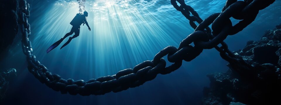 Un plongeur sous-marin nageant dans les profondeurs de l'oc&eacute;an, bulle d'air remontant &agrave; la surface, avec des cha&icirc;nes en fer au premier plan, lumi&egrave;re du soleil traversant l'eau.