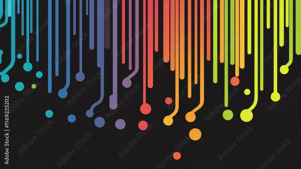 Poster abstract design featuring colorful lines and dots on a dark background.