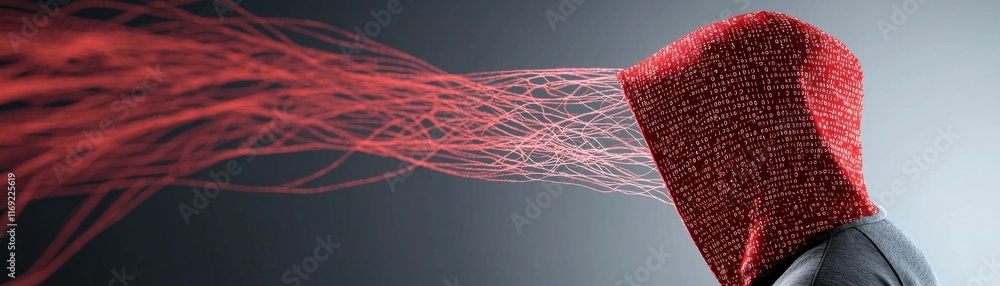 Poster a surreal image featuring a figure in a hood, with red particles streaming away, evoking themes of t