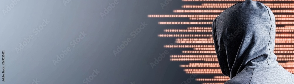 Poster a shadowy figure in a hoodie faces a digital backdrop filled with code, symbolizing themes of hackin