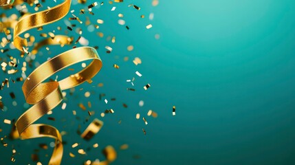 close up on group of gold color of rolling ribbon and confetti on teal background with copy space for christmas festival happy new year ,carnival , birthday and anniversary, concept design