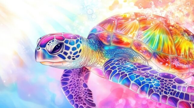 Rainbow Turtle:  A vibrant and colorful sea turtle swims through a kaleidoscope of colors, symbolizing resilience, peace, and the beauty of nature.