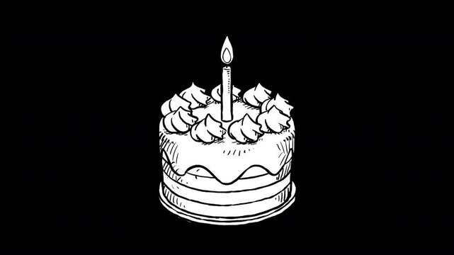 Hand drawn looping animation of a birthday cake white on black background