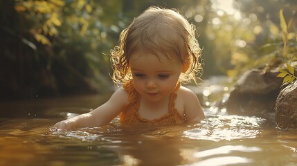 Fototapeta premium Adventurous Toddler Exploring Sun-Dappled Outdoor Oasis with Boundless Curiosity and Playful Antics