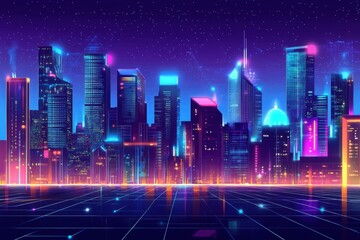 Smart City Concept at Night: IoT, Metaverse Connectivity, and Information Technology with Gradient Grid Design.