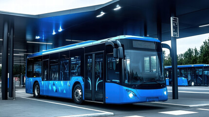 Modern hydrogen fuel cell bus parked at station, promoting sustainable transportation